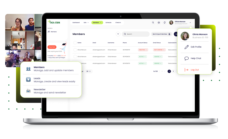 YogaCRM dashboard showing class scheduling interface